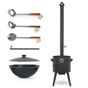 Set - Feuerofen - KasanoFF, 12 l, Ø 40 cm + Gusseisenkasan, flacher Boden, Ø 42,5 cm, 12 l + Rohrverlängerung + Thermometer + Schaumlöffel: 2 Stk. + S