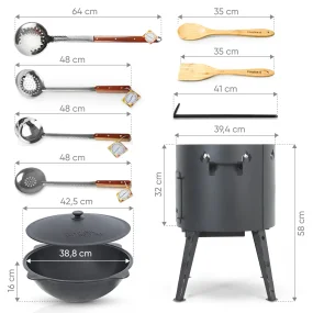 Utschak Feuerofen Ø 40 cm + Gusseisen-Kasan 12 L, Ø 42,5 cm, runder Boden + Küchenzubehör, Usbekischer Kochtopf aus Gusseisen