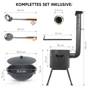 Utschak Feuerofen Ø 36 cm + Gusseisen-Kasan 10 L, Ø38,5 cm, runder Boden + Küchenzubehör, Usbekischer Kochtopf aus Gusseisen für Grill & Plov