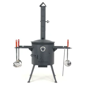 Utschak Feuerofen Ø 36 cm + Gusseisen-Kasan 10 L, flacher Boden + Küchenzubehör, Usbekischer Kochtopf aus Gusseisen für Grill & Plov