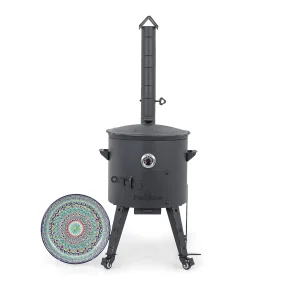 Utschak Feuerofen Ø 44 cm + Gusseisen-Kasan 16 l, Ø 46,5 cm, flacher Boden + Küchenzubehör, Usbekischer Kochtopf aus Gusseisen