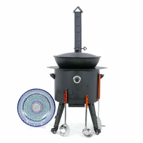 Utschak Feuerofen Ø 49 cm + Gusseisen-Kasan 22 L, flacher Boden + Küchenzubehör, Usbekischer Kochtopf aus Gusseisen