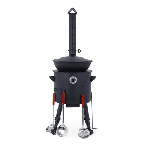 Utschak Feuerofen Ø 40 cm + Gusseisen-Kasan 12 L, runder Boden + Küchenzubehör, Usbekischer Kochtopf aus Gusseisen