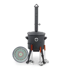 Utschak Feuerofen Ø 40 cm + Gusseisen-Kasan 12 L, runder Boden + Küchenzubehör, Usbekischer Kochtopf aus Gusseisen