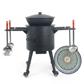 Utschak Feuerofen Ø 40 cm + Gusseisen-Kasan 12 L, flacher Boden, Transportrollen, Ablagetische, Ofenplatte + Küchenzubehör, Usbekischer Kochtopf aus G