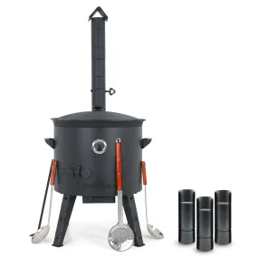 Utschak Feuerofen Ø 44 cm + Gusseisen-Kasan 16 l, Ø 46,5 cm, runder Boden + Küchenzubehör, Usbekischer Kochtopf aus Gusseisen