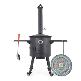 Utschak Feuerofen Ø 40 cm + Gusseisen-Kasan 12 L, flacher Boden + Küchenzubehör, Usbekischer Kochtopf aus Gusseisen