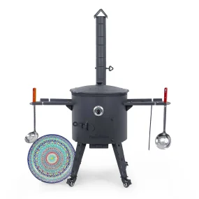 Utschak Feuerofen Ø 44 cm + Gusseisen-Kasan 16 l, Ø 46,5 cm, runder Boden + Küchenzubehör, Usbekischer Kochtopf aus Gusseisen