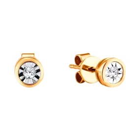 Серьги, красное золото 585°, фианит, застежка-пусет, 4 мм Серьги, красное золото 585°, фианит, застежка-пусет, 4 мм
