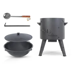 Set - Feuerofen - KasanoFF, 16 Liter, Ø 44 cm + Gusseisenkessel, runder Boden, Ø 46,5 cm, 16 l + Schaumlöffel 48 cm
