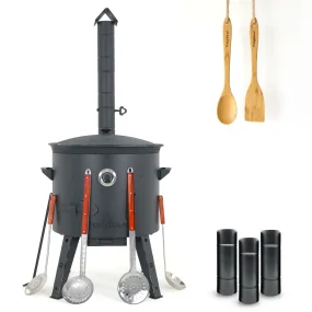 Utschak Feuerofen Ø 49 cm + Gusseisen-Kasan 22 L, flacher Boden + Küchenzubehör, Usbekischer Kochtopf aus Gusseisen