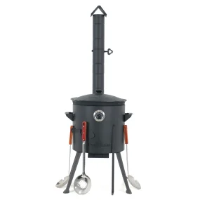 Utschak Feuerofen Ø 36 cm + Gusseisen-Kasan 10 L, flacher Boden + Küchenzubehör, Usbekischer Kochtopf aus Gusseisen für Grill & Plov