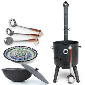 Set - Feuerofen - KasanoFF, 16 l, Ø 44 cm + Thermometer + Gusseisenkasan, runder Boden, Ø 46,5 cm, 16 l + Lagan MIX, Ø 37 cm + Schaumlöffel: 3 Stk. + 