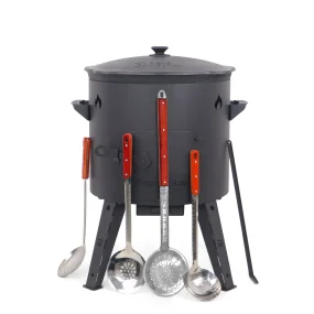Utschak Feuerofen Ø 44 cm + Gusseisen-Kasan 16 l, Ø 46,5 cm, runder Boden + Küchenzubehör, Usbekischer Kochtopf aus Gusseisen