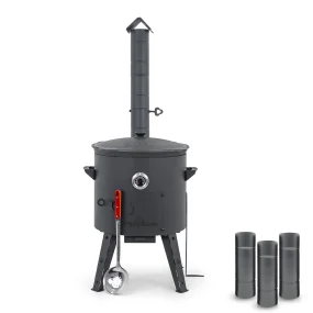 Utschak Feuerofen Ø 44 cm + Gusseisen-Kasan 16 l, Ø 46,5 cm, flacher Boden + Küchenzubehör, Usbekischer Kochtopf aus Gusseisen