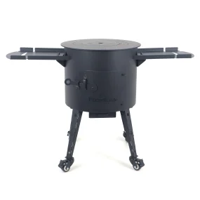 Utschak Feuerofen Ø 40 cm + Gusseisen-Kasan 12 L, runder Boden, Transportrollen, Ablagetische, Ofenplatte + Küchenzubehör, Usbekischer Kochtopf aus Gu