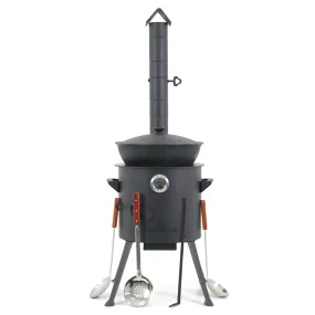 Utschak Feuerofen Ø 36 cm + Gusseisen-Kasan 10 L, flacher Boden + Küchenzubehör, Usbekischer Kochtopf aus Gusseisen für Grill & Plov