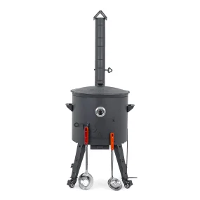 Utschak Feuerofen Ø 44 cm + Gusseisen-Kasan 16 l, Ø 46,5 cm, flacher Boden + Küchenzubehör, Usbekischer Kochtopf aus Gusseisen