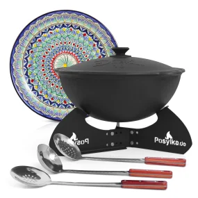 Gusseisen-Kasan, Aluminiumdeckel, runder Boden, Ø 36,7 cm, 10 l + Untergestell + Lagan Ø 32 cm + Küchenutensilien