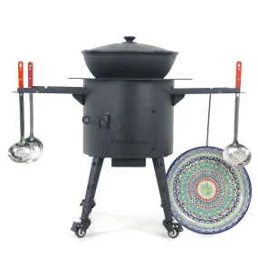 Учаг печь Ø 40 см + чугунный казан 12 л, круглое дно, колёса, столики, плита + кухонные принадлежности, узбекский чугунный казан для гриля и плова