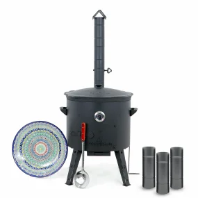 Utschak Feuerofen Ø 49 cm + Gusseisen-Kasan 22 L, flacher Boden + Küchenzubehör, Usbekischer Kochtopf aus Gusseisen