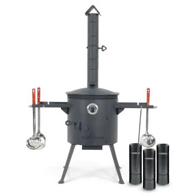 Utschak Feuerofen Ø 36 cm + Gusseisen-Kasan 10 L, flacher Boden + Küchenzubehör, Usbekischer Kochtopf aus Gusseisen für Grill & Plov