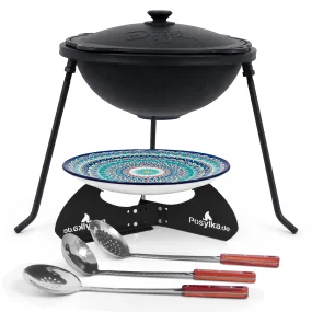 Kasan aus Gusseisen, Aluminiumdeckel, flacher Boden, Ø 36,7 cm, 10 l + Untersetzer + Dreibein + Lagan Ø 32 cm + Küchenutensilien