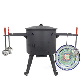 Учаг печь Ø 49 см + чугунный казан 22 л, плоское дно, колёса, столики + кухонные принадлежности, узбекский чугунный казан для гриля и плова