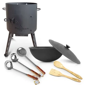 Set - Feuerofen - KasanoFF, 12 Liter, Ø 40 cm + Gusseisenkasan, runder Boden, Ø 42,5 cm, 12 l + Schaumlöffel: 2 Stk. + Schöpfkelle + Spachtel aus Holz