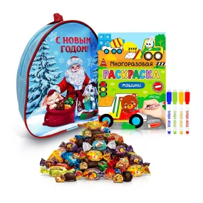 Подарочный рюкзак с конфетами и раскраской - Дед Мороз и зайцы, 20 х 23 см
