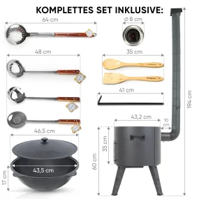 Utschak Feuerofen Ø 44 cm + Gusseisen-Kasan 16 l, Ø 46,5 cm, runder Boden + Küchenzubehör, Usbekischer Kochtopf aus Gusseisen