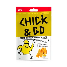 Getrocknete Hähnchenbrustfiletscheiben mit Senf-Honig Geschmack, Chick & Go, 30 g  Getrocknete Hähnchenbrustfiletscheiben mit Senf-Honig Geschmack, Chick & Go, 30 g