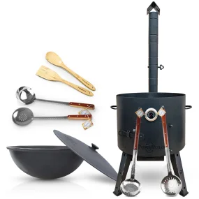 Set - Feuerofen - KazanoFF, 22 Liter, Ø 49 cm + Gusseisenkasan mit rundem Boden, 22 l, Ø 52,7 cm + Thermometer + Schaumlöffel: 3 Stk. + Schöpfkelle + 