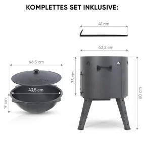 Utschak Feuerofen Ø 44 cm + Gusseisen-Kasan 16 l, Ø 46,5 cm, runder Boden + Küchenzubehör, Usbekischer Kochtopf aus Gusseisen