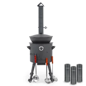 Utschak Feuerofen Ø 40 cm + Gusseisen-Kasan 12 L, runder Boden + Küchenzubehör, Usbekischer Kochtopf aus Gusseisen