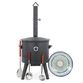 Utschak Feuerofen Ø 49 cm + Gusseisen-Kasan 22 L, runder Boden + Küchenzubehör, Usbekischer Kochtopf aus Gusseisen