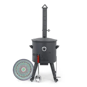 Utschak Feuerofen Ø 44 cm + Gusseisen-Kasan 16 l, Ø 46,5 cm, runder Boden + Küchenzubehör, Usbekischer Kochtopf aus Gusseisen