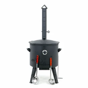 Utschak Feuerofen Ø 49 cm + Gusseisen-Kasan 22 L, Ø 52,7 cm, flacher Boden + Küchenzubehör, Usbekischer Kochtopf aus Gusseisen