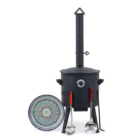 Utschak Feuerofen Ø 40 cm + Gusseisen-Kasan 12 L, flacher Boden + Küchenzubehör, Usbekischer Kochtopf aus Gusseisen