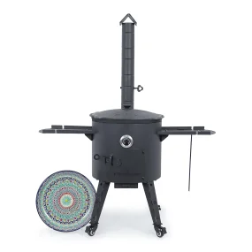 Utschak Feuerofen Ø 44 cm + Gusseisen-Kasan 16 l, Ø 46,5 cm, flacher Boden + Küchenzubehör, Usbekischer Kochtopf aus Gusseisen
