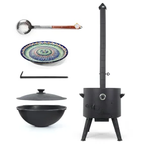 Set - Feuerofen - KasanoFF, Ø 49 cm + Gusseisenkasan, flacher Boden, 22 l, Ø 52,7 cm + Thermometer + Rohrverlängerung + Lagan MIX, Ø 42 cm + Schaumlöf