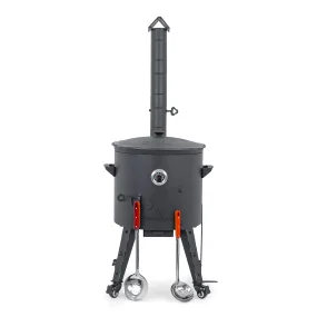 Utschak Feuerofen Ø 44 cm + Gusseisen-Kasan 16 l, Ø 46,5 cm, runder Boden + Küchenzubehör, Usbekischer Kochtopf aus Gusseisen