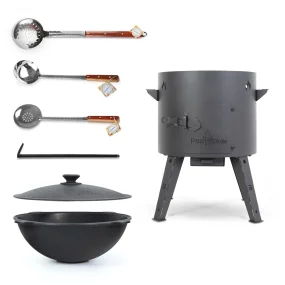 Set - Feuerofen - KasanoFF, 16 Liter, Ø 44 cm + Gusseisenkessel, flacher Boden, Ø 46,5 cm, 16 l + Schaumlöffel: 2 Stk. + Schöpfkelle