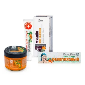 Set - Sanddorn, Tagesgesichtscreme + Körpercreme + Handcreme + Seifenstück für die Sauna