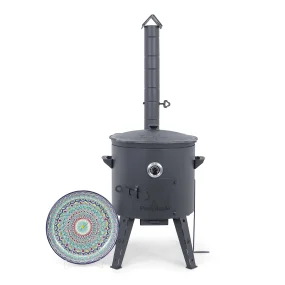 Utschak Feuerofen Ø 44 cm + Gusseisen-Kasan 16 l, Ø 46,5 cm, flacher Boden + Küchenzubehör, Usbekischer Kochtopf aus Gusseisen