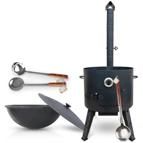 Set - Feuerofen - KazanoFF, für Kasan 22 Liter, Ø 49 cm + Thermometer + Gusseisenkasan, runder Boden, 22 l, Ø 52,7 cm + Schaumlöffel: 2 Stk. + Schöpfk