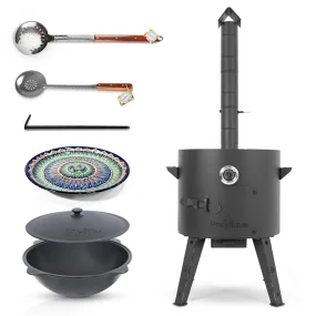  Set - Feuerofen KazanoFF, 16 l, Ø 44 cm, Kasan aus Gusseisen, runder Boden, Ø 46,5 cm, 16 l, Thermometer, Lagan, MIX-Muster, Ø 37 cm + Schaumlöffel 2