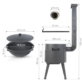 Utschak Feuerofen Ø 40 cm + Gusseisen-Kasan 12 L, Ø 42,5 cm, runder Boden + Küchenzubehör, Usbekischer Kochtopf aus Gusseisen