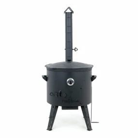 Utschak Feuerofen Ø 49 cm + Gusseisen-Kasan 22 L, Ø 52,7 cm, flacher Boden + Küchenzubehör, Usbekischer Kochtopf aus Gusseisen