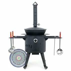 Utschak Feuerofen Ø 44 cm + Gusseisen-Kasan 16 l, Ø 46,5 cm, flacher Boden + Küchenzubehör, Usbekischer Kochtopf aus Gusseisen